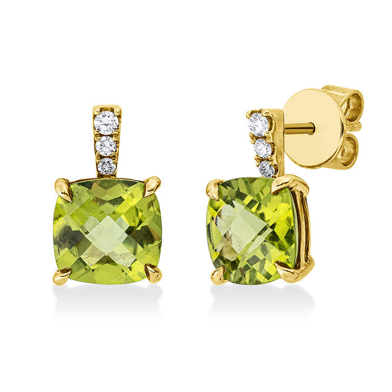 Ohrstecker 18 kt GG, 6 Brill. 0,10 ct, W-si, 2 Peridot 4,15 ct grün