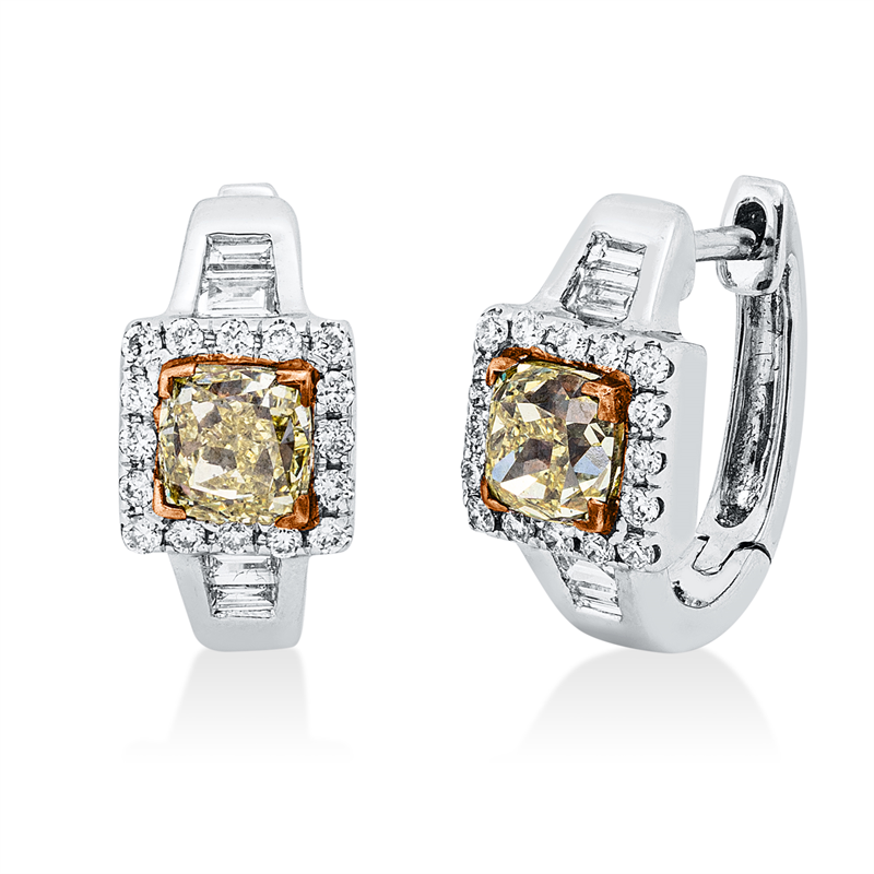 Ohrschmuck 18 kt WG+RG, 8 Bag. 0,16 ct, F-vsi, 32 Brill. 0,17 ct, F-vsi, 2 Cushion 1,13 ct, gelb