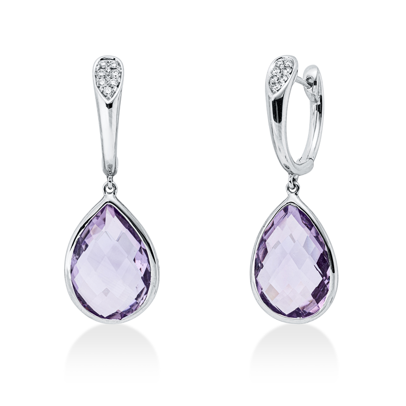 Ohrschmuck 18 kt WG, 14 Brill. 0,11 ct, W-si, 2 Amethyste 8,75 ct pink