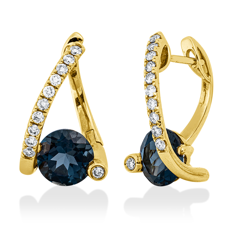Creolen 18 kt GG, 22 Brill. 0,31 ct, W-si, 2 Topase 3,11 ct Lond. blue