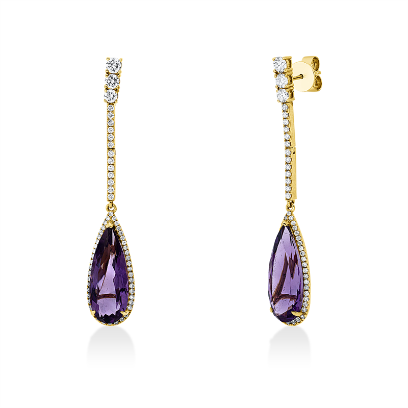 Ohrschmuck 18 kt GG, 120 Brill. 1,24 ct, W-si, 2 Amethyste 11,01 ct lila