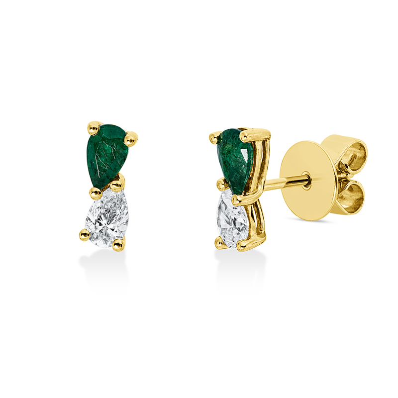 Ohrstecker 18 kt GG, 2 Tropfen 0,38 ct, TW-si, 2 Smaragde 0,40 ct grün