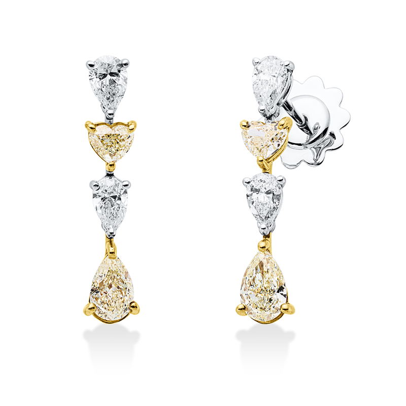 Ohrschmuck 18ktWG+GG, 4 Tropfen 0,95ct, E-vsi/si, 2 Tropfen 1,13ct, gelb, 2 Herzschl. 0,63 ct, gelb