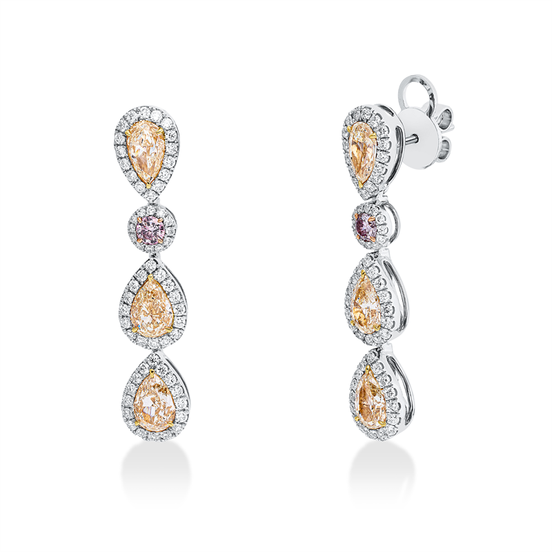 Ohrschmuck 18 kt WG+GG+RG, 120 Brill. 0,83 ct, TW-si, 6 Tropfen 3,22 ct, gelb, 2 Brill. 0,19 ct, pink