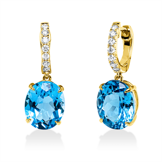 Ohrschmuck 18 kt GG, 14 Brill. 0,27 ct, TW-si, 2 Topase 10,00 ct blau