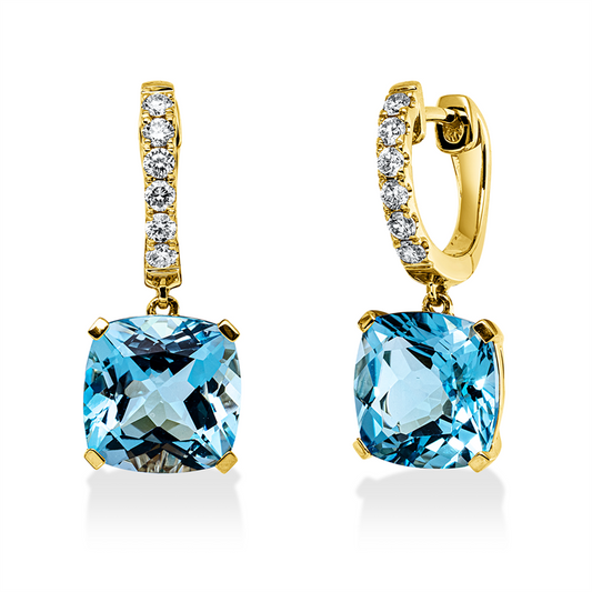 Ohrschmuck 18 kt GG, 12 Brill. 0,27 ct, TW-si, 2 Topase 9,00 ct blau