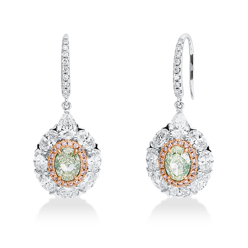 Ohr 18 kt W/R, GIA, 16 Fant. 3,12 ct, 16 Br. 0,11 ct, TW-si, 2 Ov 2,01 ct, grün-si2, 40 Br. 0,17 ct, pink