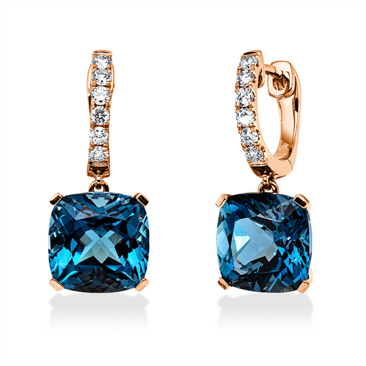 Ohrschmuck 18 kt RG, 12 Brill. 0,27 ct, TW-si, 2 Topase 9,00 ct Lond. blue