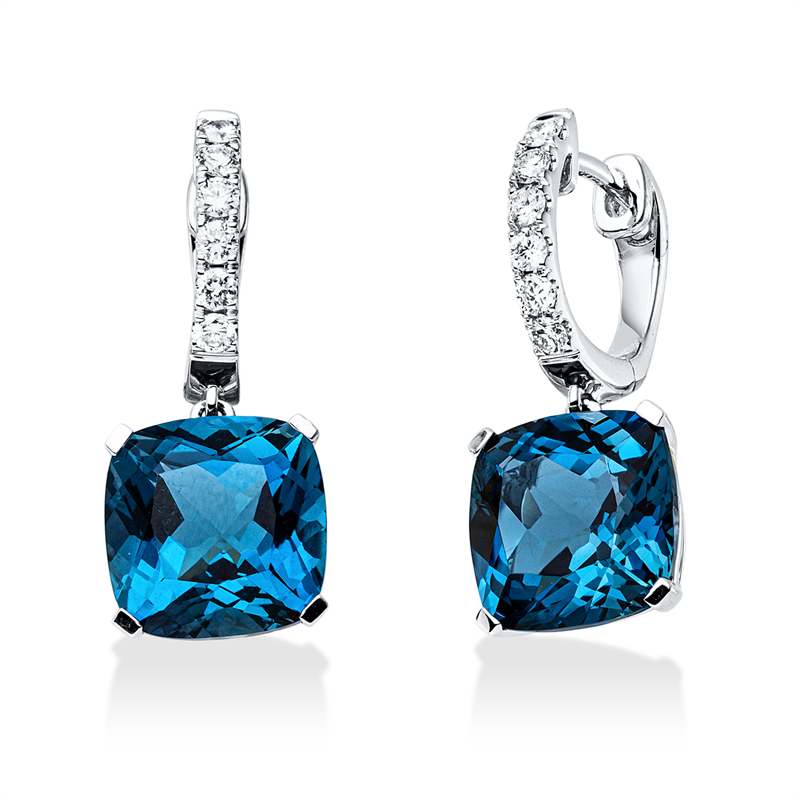 Ohrschmuck 18 kt WG, 12 Brill. 0,27 ct, TW-si, 2 Topase 9,00 ct Lond. blue