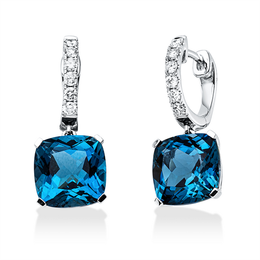 Ohrschmuck 18 kt WG, 12 Brill. 0,27 ct, TW-si, 2 Topase 9,00 ct Lond. blue