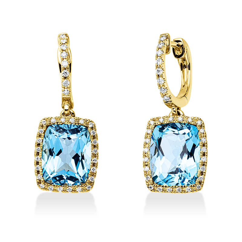 Ohrschmuck 18 kt GG, 64 Brill. 0,26 ct, TW-si, 2 Topase 8,00 ct blau