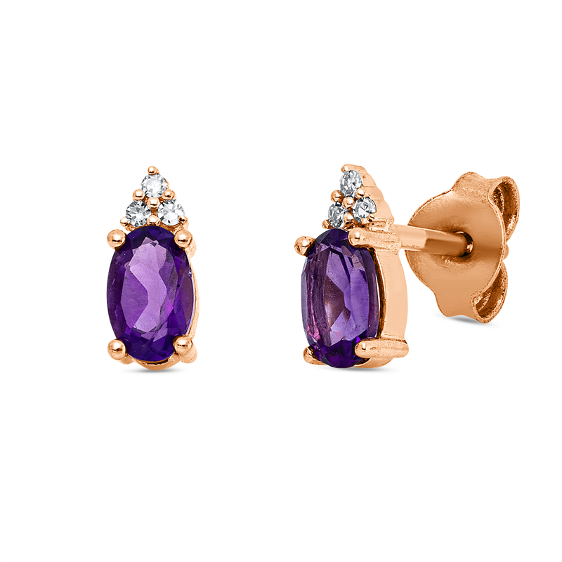 Ohrstecker 18 kt RG, 6 Brill. 0,03 ct, TW-si, 2 Amethyste 0,50 ct lila