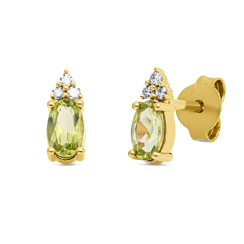 Ohrstecker 18 kt GG, 6 Brill. 0,03 ct, TW-si, 2 Peridot 0,45 ct grün