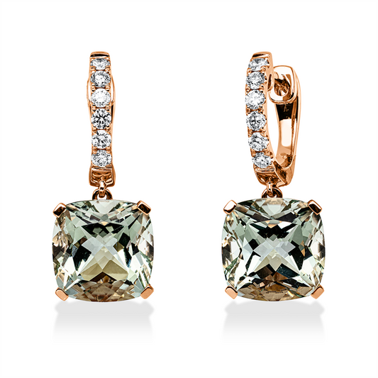 Ohrschmuck 18 kt RG, 12 Brill. 0,27 ct, TW-si, 2 Amethyste 6,80 ct grün
