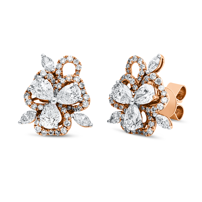 Ohrstecker 18 kt RG+WG, 6 Tropfen 1,15 ct, TW-si, 6 Nav. 0,30 ct, TW-si, 88 Brill. 0,45 ct, TW-si