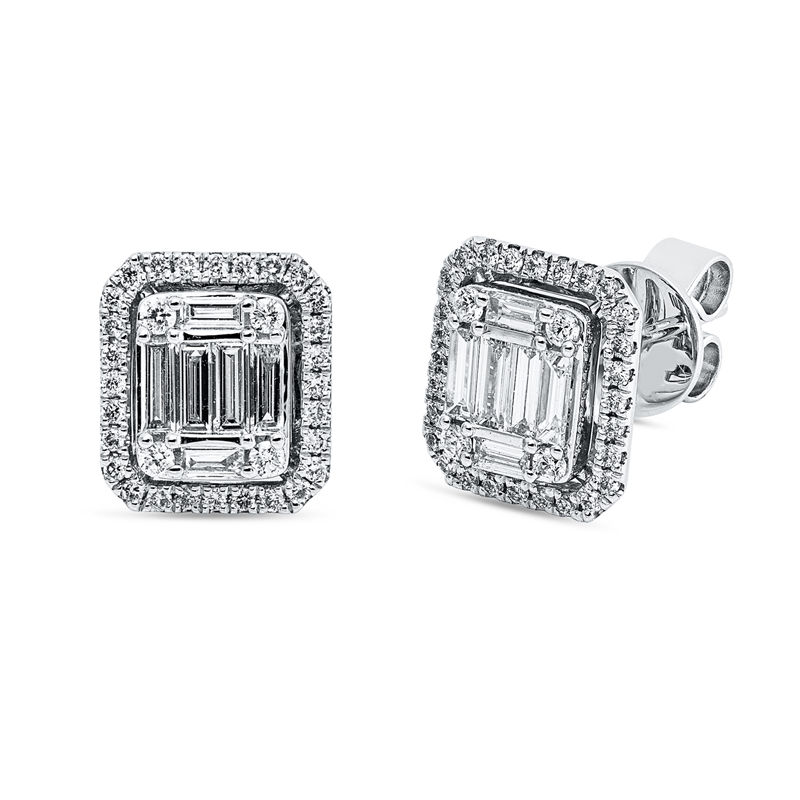 Ohrstecker 18 kt WG, 8 Bag. 0,24 ct, TW-si, 4 Bag. 0,07 ct, TW-si, 64 Brill. 0,21 ct, TW-si