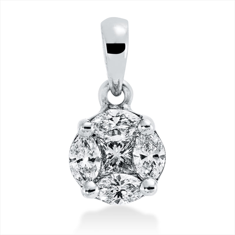 Anhänger 18 kt WG, mit Öse, 1 Princ. 0,17 ct, TW-si, 4 Nav. 0,29 ct, TW-si