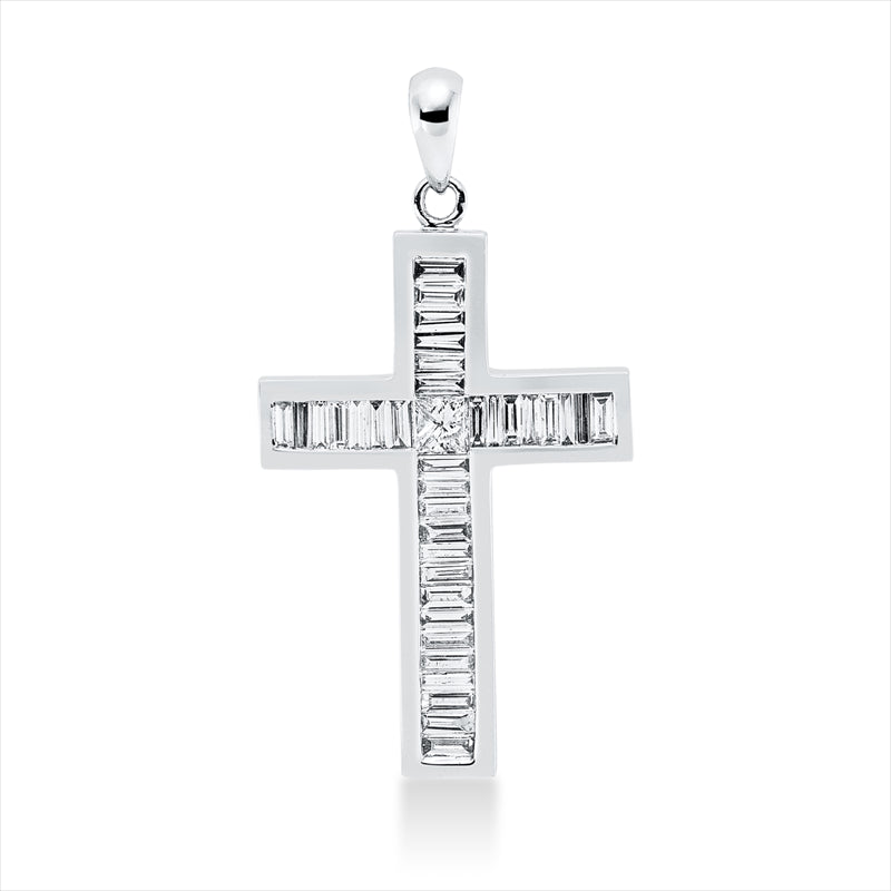 Anhänger 18 kt WG, 1 Princ. 0,21 ct, TW-si, 34 Bag. 1,23 ct, TW-si