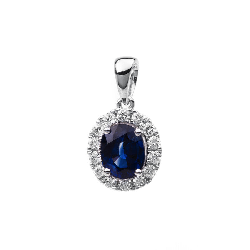 Anhänger 18 kt WG, 14 Brill. 0,18 ct, TW-si, 1 Saphir 0,73 ct blau