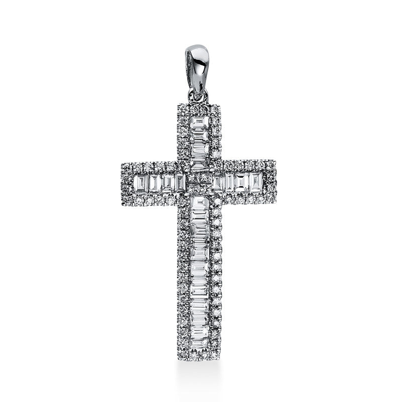 Anhänger 18 kt WG, mit Öse, 4 Princ. 0,07 ct, TW-si, 32 Bag. 0,63 ct, TW-si, 70 Brill. 0,25 ct, TW-si
