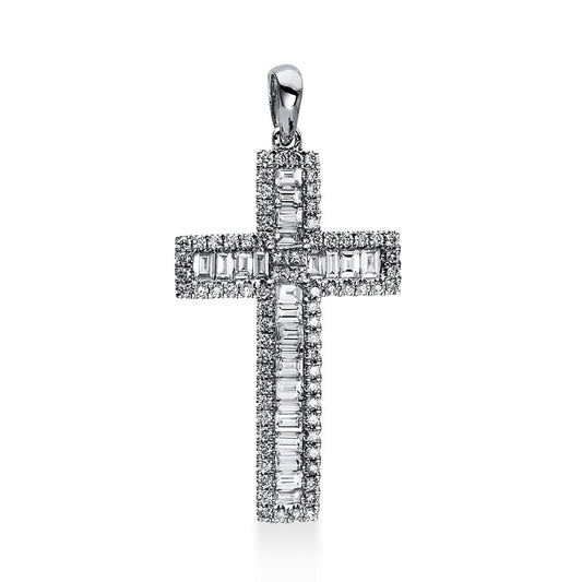 Anhänger 18 kt WG, mit Öse, 4 Princ. 0,07 ct, TW-si, 32 Bag. 0,63 ct, TW-si, 70 Brill. 0,25 ct, TW-si