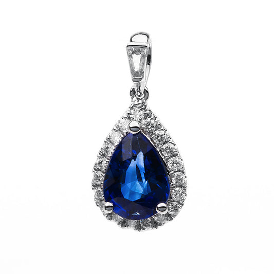 Anhänger 18 kt WG, 1 Bag. 0,04 ct, TW-si, 19 Brill. 0,15 ct, TW-si, 1 Saphir 1,14 ct blau