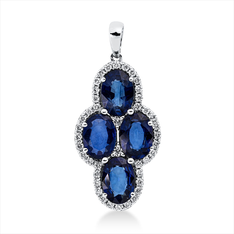 Anhänger 18 kt WG, mit Öse, 40 Brill. 0,23 ct, TW-si, 2 Brill. 0,04 ct, TW-si, 4 Saphire 2,90 ct blau