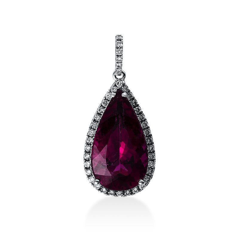 Anhänger 18 kt WG, mit Öse, 32 Brill. 0,29 ct, TW-vsi, 1 Rubellit 4,14 ct pink