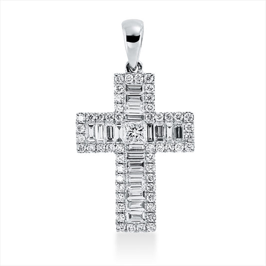 Anhänger 18 kt WG, mit Öse, 1 Princ. 0,10 ct, TW-si, 20 Bag. 0,41 ct, TW-si, 52 Brill. 0,27 ct, TW-si