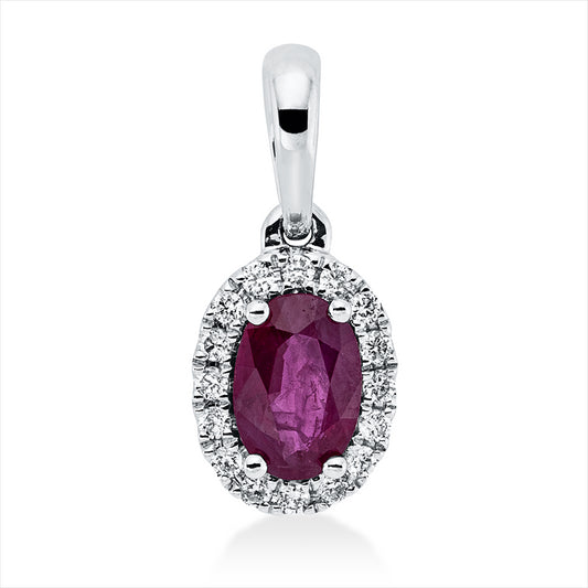 Anhänger 18 kt WG, mit Öse, 16 Brill. 0,08 ct, TW-si, 1 Rubin 0,46 ct rot