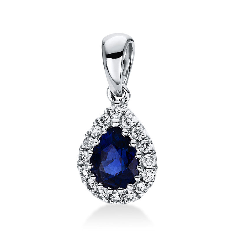 Anhänger 18 kt WG, mit Öse, 15 Brill. 0,11 ct, TW-si, 1 Saphir 0,48 ct blau