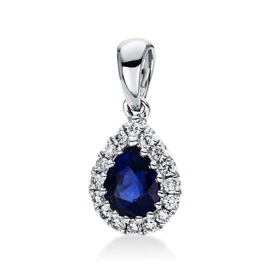 Anhänger 18 kt WG, mit Öse, 15 Brill. 0,11 ct, TW-si, 1 Saphir 0,48 ct blau