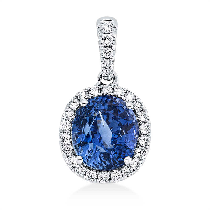 Anhänger 18 kt WG, mit Öse, 27 Brill. 0,25 ct, TW-si, 1 Saphir 3,64 ct blau