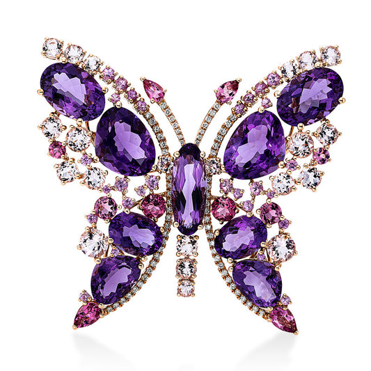 Brosche 18 kt RG, 66 Brill. 0,43 ct, TW-si, 9 Amethyste 26,30 ct lila, 59 Farbsteine 9,63 ct multicolor