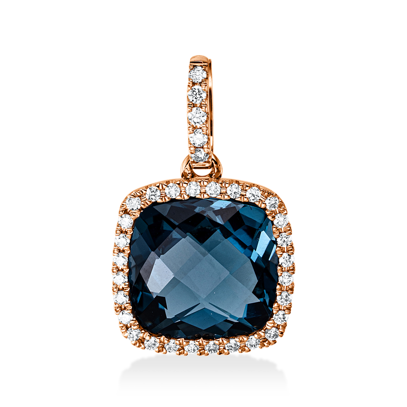 Anhänger 18 kt RG, mit Öse, 33 Brill. 0,16 ct, TW-si, 1 Topas 4,00 ct Lond. blue