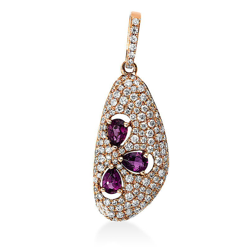Anhänger 18 kt RG, mit Öse, 148 Brill. 0,70 ct, TW-si, 3 Rhodolith 0,59 ct rot