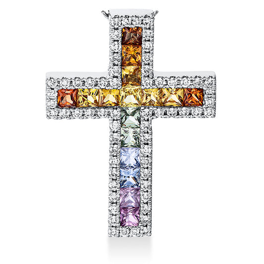 Anhänger 18 kt WG, 62 Brill. 0,31 ct, TW-si, 16 Saphire 1,27 ct multicolor