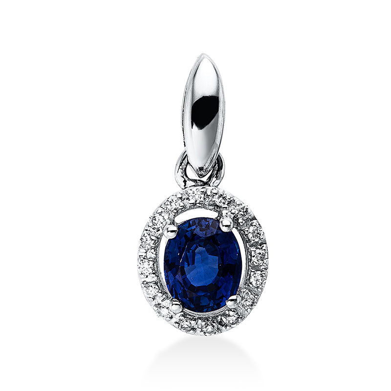 Anhänger 18 kt WG, mit Öse, 16 Brill. 0,05 ct, TW-si, 1 Saphir 0,53 ct blau