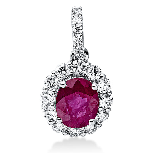 Anhänger 18 kt WG, mit Öse, 12 Brill. 0,28 ct, TW-si, 6 Brill. 0,03 ct, TW-si, 1 Rubin 0,92 ct rot