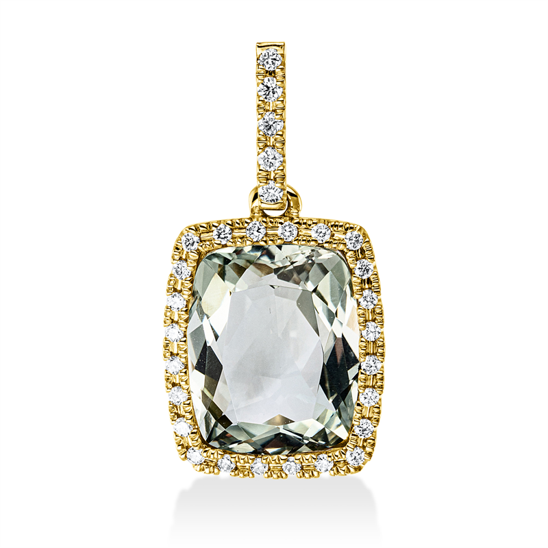 Anhänger 18 kt GG, mit Öse, 29 Brill. 0,13 ct, TW-si, 1 Amethyst 3,00 ct grün
