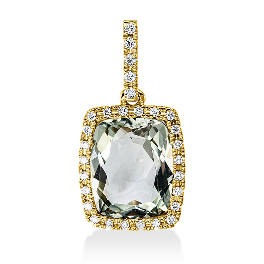 Anhänger 18 kt GG, mit Öse, 29 Brill. 0,13 ct, TW-si, 1 Amethyst 3,00 ct grün