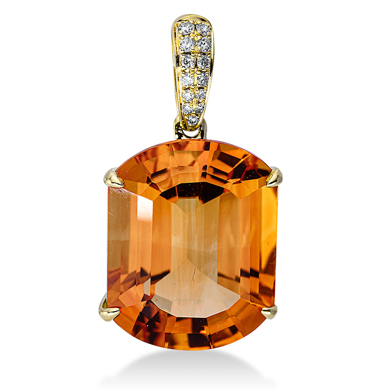 Anhänger 18 kt GG, mit Öse, 13 Brill. 0,06 ct, TW-si, 1 Citrin 6,60 ct mandarin