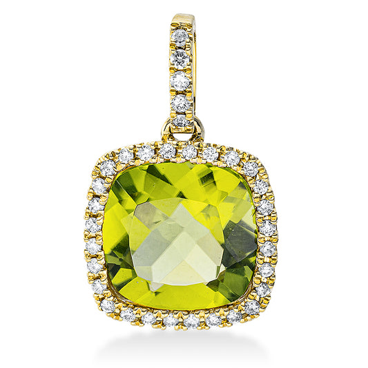 Anhänger 18 kt GG, mit Öse, 33 Brill. 0,16 ct, TW-si, 1 Peridot 4,30 ct grün