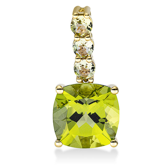 Anhänger 18 kt GG, 1 Peridot 3,40 ct grün, 3 Peridot 0,40 ct grün