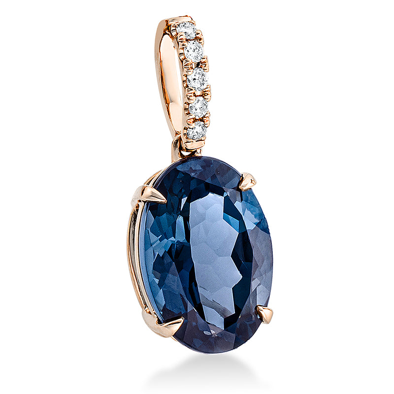 Anhänger 18 kt RG, mit Öse, 5 Brill. 0,10 ct, TW-si, 1 Topas 7,20 ct Lond. blue