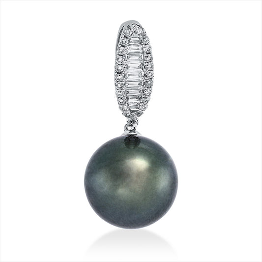 Anhänger 18 kt WG, 9 Trap. 0,13 ct, W-si, 24 Brill. 0,11 ct, W-si, 1 TA grün 10,5 mm