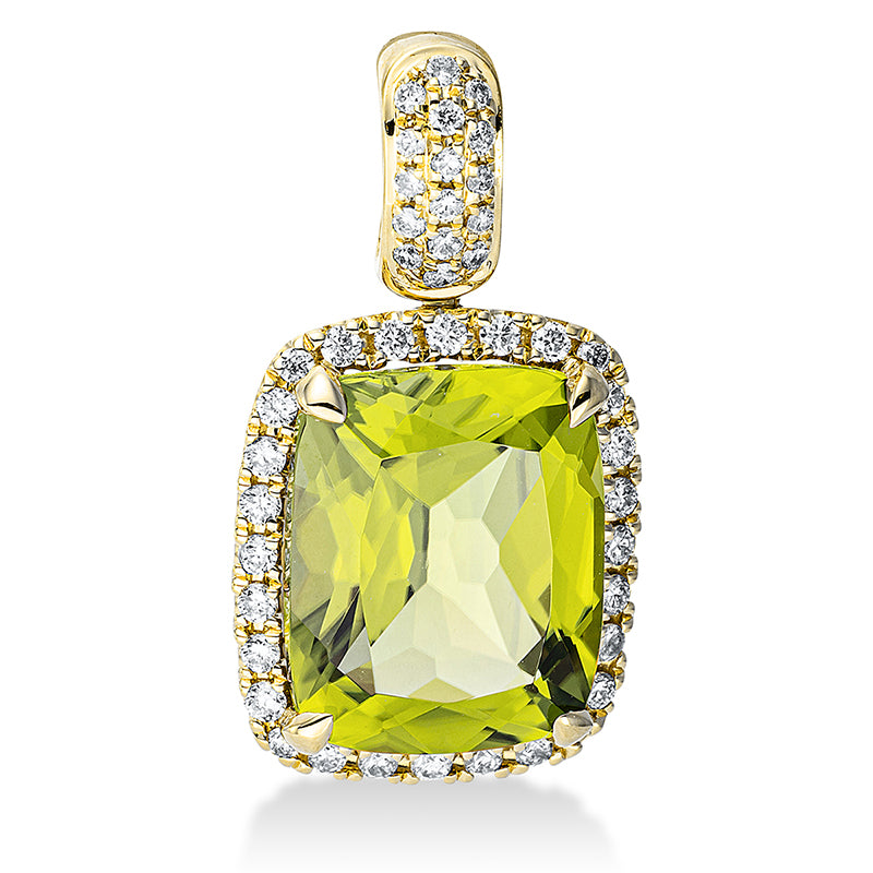 Anhänger 18 kt GG, mit Öse, 44 Brill. 0,20 ct, TW-si, 1 Peridot 3,30 ct