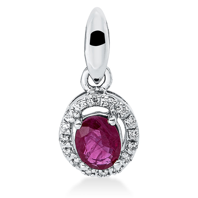 Anhänger 18 kt WG, mit Öse, 16 Brill. 0,04 ct, TW-pi, 1 Rubin 0,38 ct rot