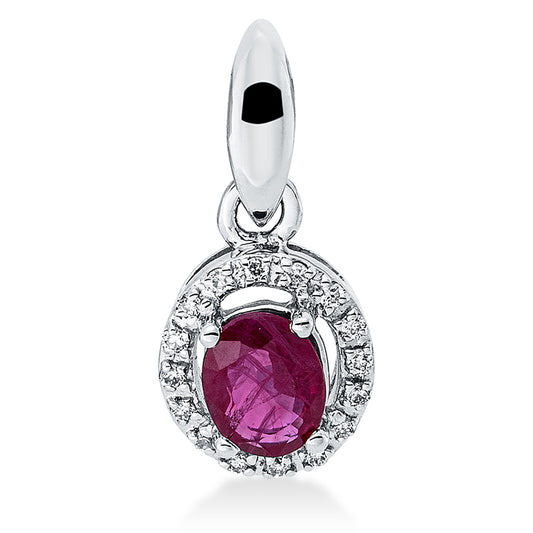 Anhänger 18 kt WG, mit Öse, 16 Brill. 0,04 ct, TW-pi, 1 Rubin 0,38 ct rot