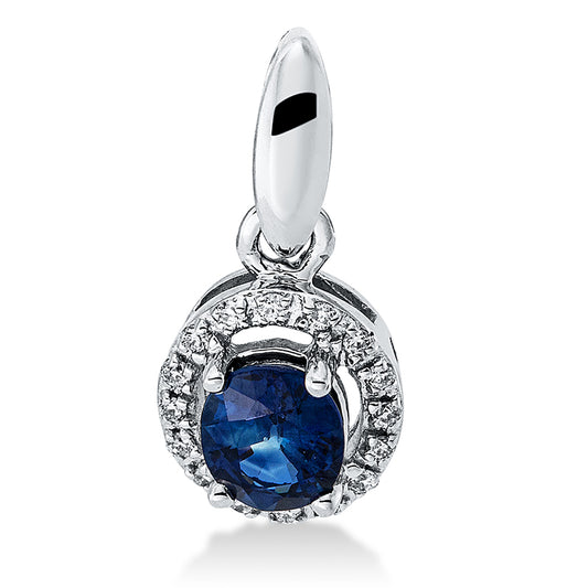 Anhänger 18 kt WG, mit Öse, 16 Brill. 0,05 ct, TW-pi, 1 Saphir 0,42 ct blau